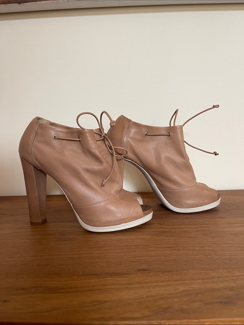 Fendi Tan Peep-Toe Leather High Heel Lace-Up Booties